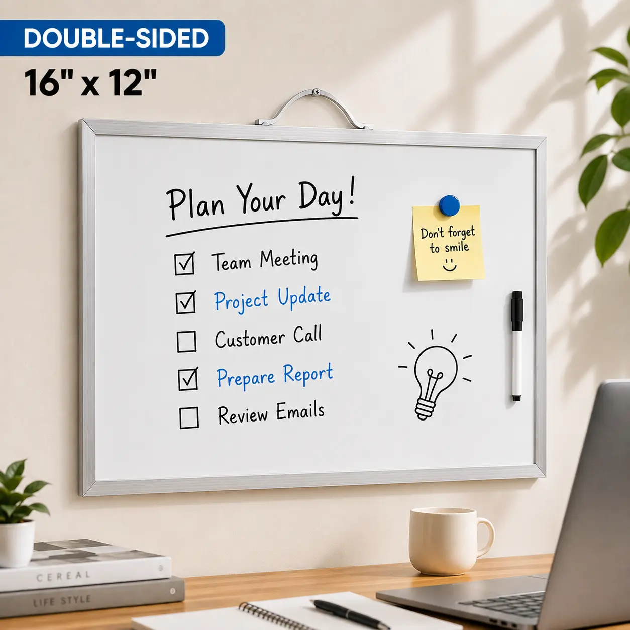 MaxGear 16" x 12" Double-Sided Magnetic Dry Erase Board with Handle, Hanging Aluminum Frame Whiteboard for Home, Office, Study