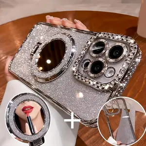 New luxury shining double-row diamond mirror magnetic bracket full mirror mobile phone case suitable for Apple iPhone exclusive transparent anti-fall soft glue protective back cover/couple gift Protection Protector Cellphone Casing Smartphone Shockproof