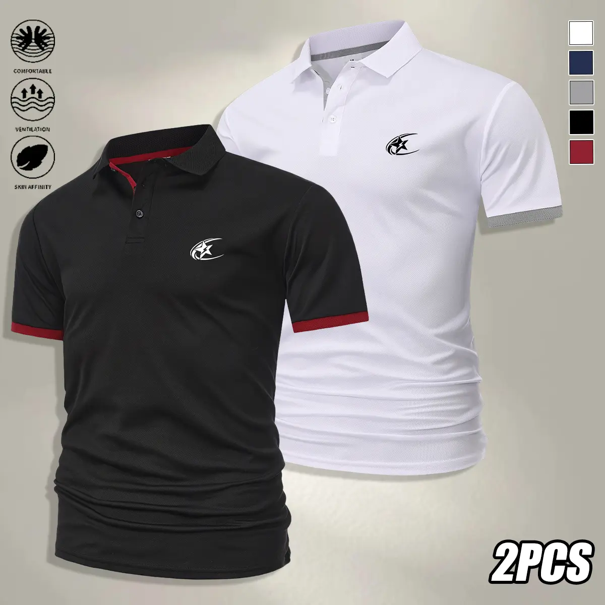 2-piece set: men’s short-sleeve polo shirt, solid color, stylish printed design, versatile for business casual wear, outdoor outings, and home use; men’s short-sleeve shirt.