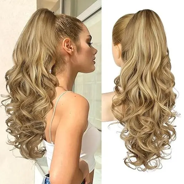 Women's 24" Synthetic Claw Clip Ponytail Extension - Platinum Blonde Medium with Highlights, Curly Waves, Instant Face Lift Jaw Clip Hairpiece for Daily Banquets, Casual Classic Ponytail Hairstyles (Suitable for Daughters)