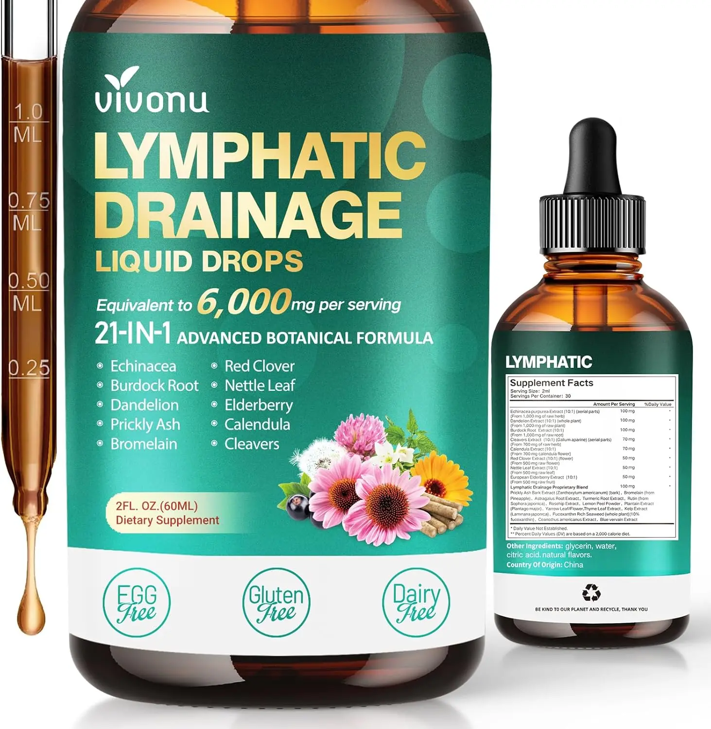 21-in-1 Lymphatic Drainage Drops for Liposomal, Immune & Lymph System Support Supplement for Women & Men with Echinacea, Dandelion, Burdock, Bromelain, Calendula, Turmeric & More, 2 FL OZ Pack of 1