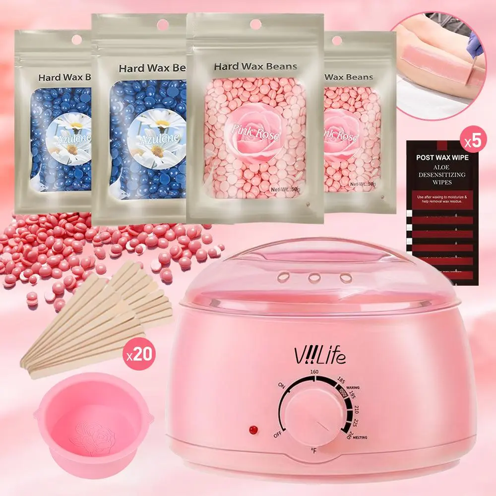 Painless Waxing Kit with Heater, Hair Removal Home Waxing Kit, Wax Warmer Kit, Includes 4 Packs of Beads, 20 Applicator Sticks, 5 Cleaning Oil Bags, Full Body Use, Rose Scented