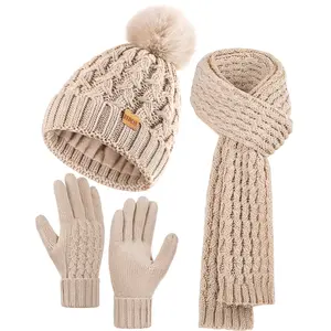 3PCS Women Beanie Hat Scarf Gloves Set Pom Hat with Warm Fleece Lined Long Knit Scarf Touchscreen Gloves Christmas Gifts