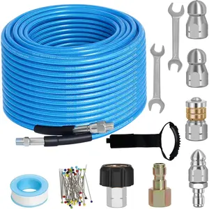 FT Sewer Jetter Kit for Pressure Washer 5800PSI Drain Cleaner Hose 1/4 Inch NPT Corner with 4 Nozzles Waterproof Tape Handle Strap 2 Spanners Blue