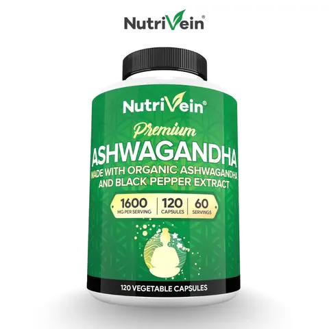 Nutrivein, Organic Ashwagandha Capsules, Dietary Herbal Supplement, Stress & Mood Support Adaptogen Formula, Vegan Capsules, 1600mg, 120 Capsules, 2 Capsules Daily