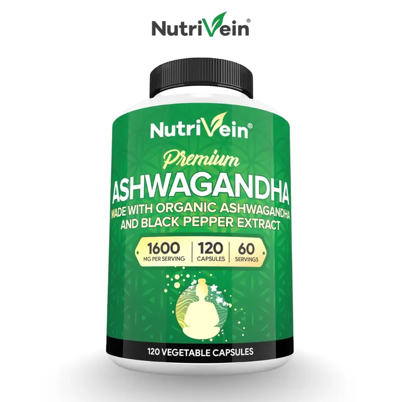 Nutrivein, Organic Ashwagandha Capsules, Dietary Herbal Supplement, Stress & Mood Support Adaptogen Formula, Vegan Capsules, 1600mg, 120 Capsules, 2 Capsules Daily