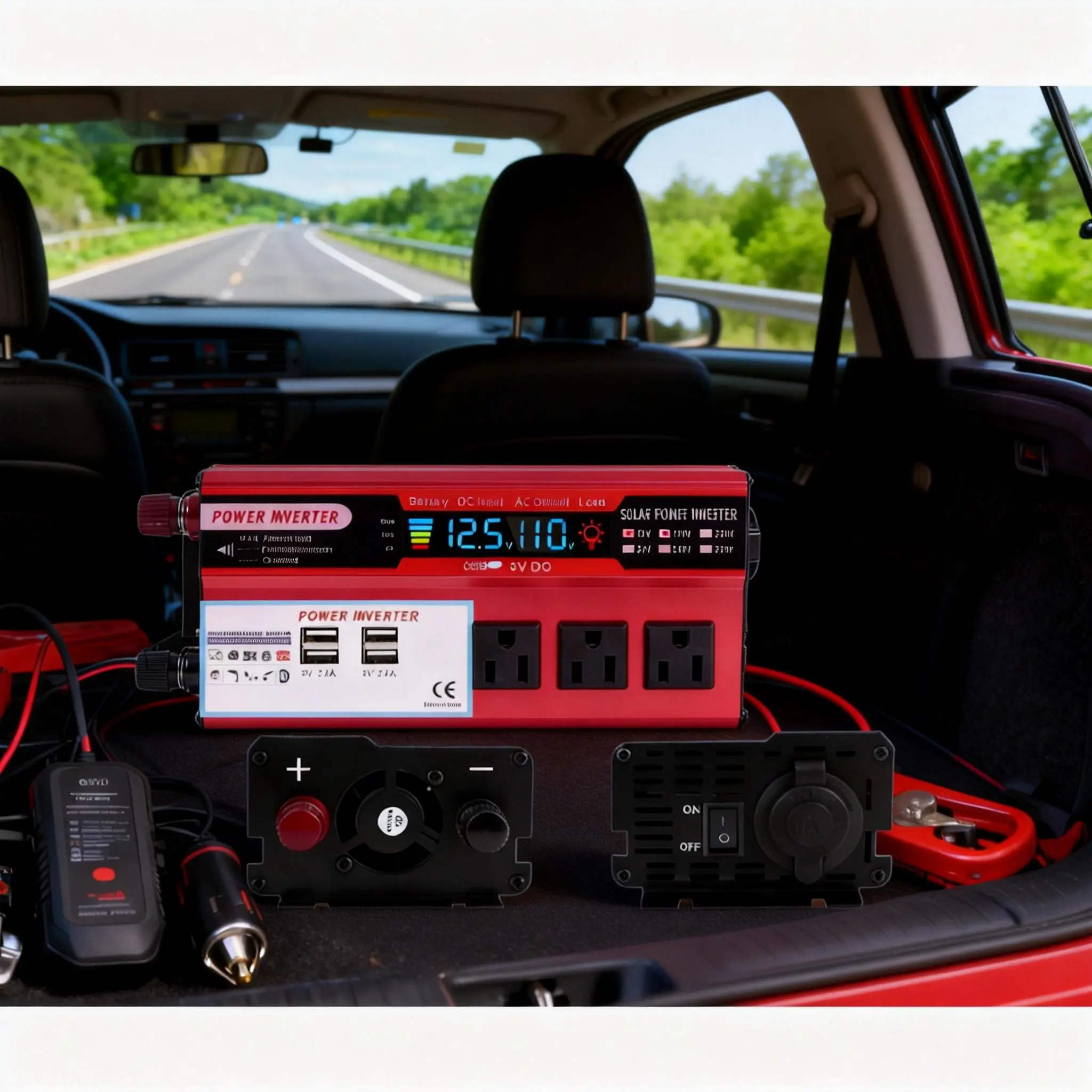 Compact 1500W Vehicle Inverter 5000W Surge DC to AC Transformer Digital Display for RV Camper Road Trip Electronics Charging