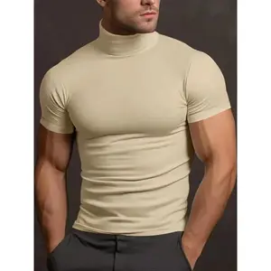 Men's Solid Color Turtleneck Tee, Regular Fit Casual Comfy Short Sleeve T-shirt for Summer, Men's Top for Outdoor Training, Gym T Shirts