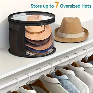 Foldable Hat Storage Box with Transparent Front Window, Portable Handle Design, Holds 7 Oversized Hats, Ideal for Beach & Sun Hats