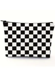 Vintage Plaid Makeup Bag, Minimalist Chessboard Zipper Pouch, Foldable Reusable Toiletry Storage, Best Valentine's Gift for Men/women