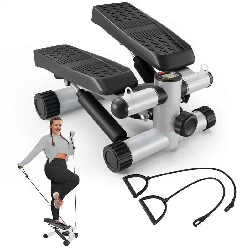 Stepper for exercise, space saving stair stepper with resistance bands, mini stepper for home and office use (300 lbs capacity), hydraulic fitness stepper with LCD display