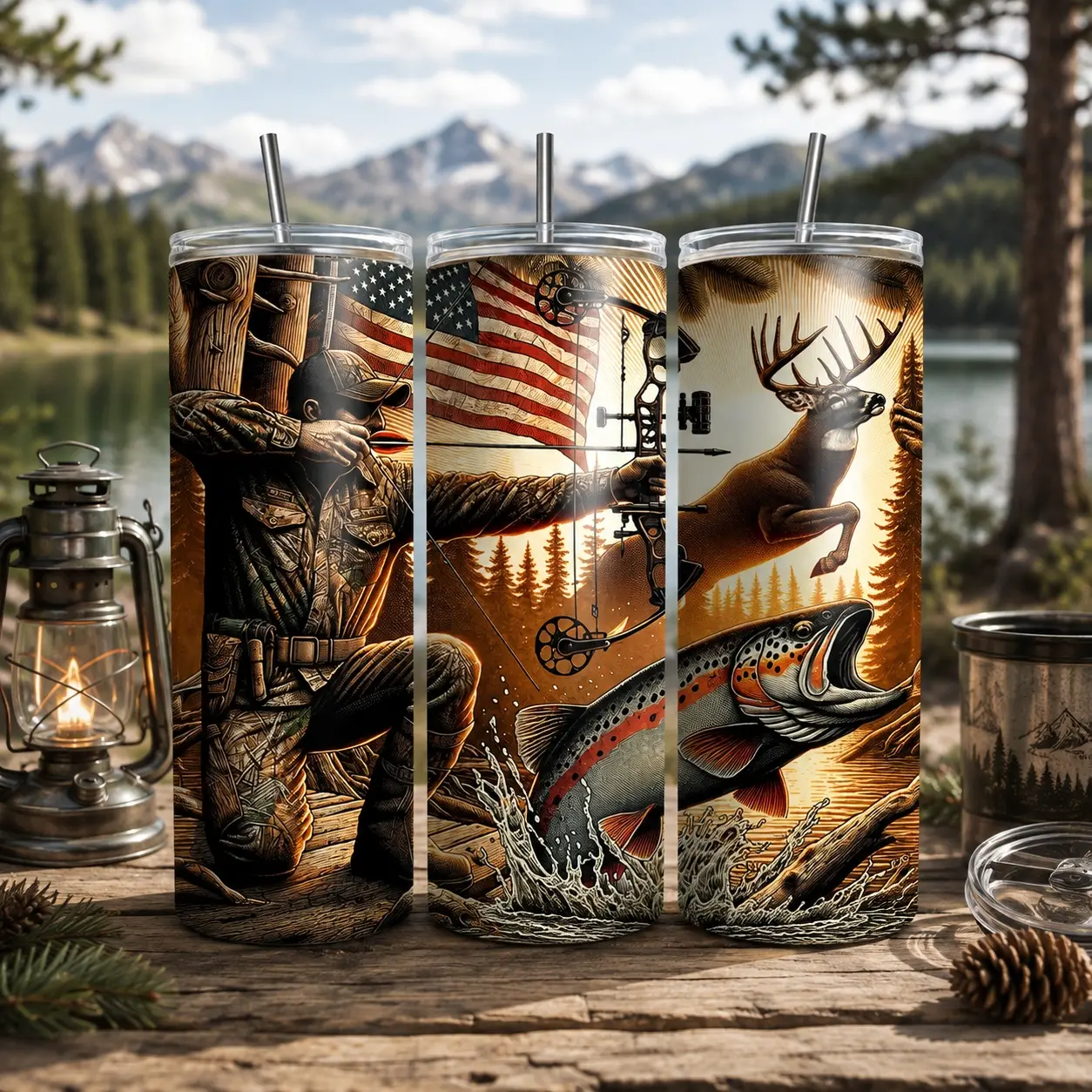 Bowhunter Archery Deer Tumbler, Rainbow Trout Fish American Flag, Stainless Steel Travel Mug, Bow Hunting Gift