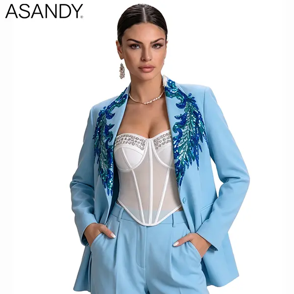 ASANDY Women's Elegant Glitter Sequin Blazer, Fitted Single-Button V-Neck with Handcrafted Peacock Gradient Embroidery, Elegant Blazer With Edge, Lapel, Plain