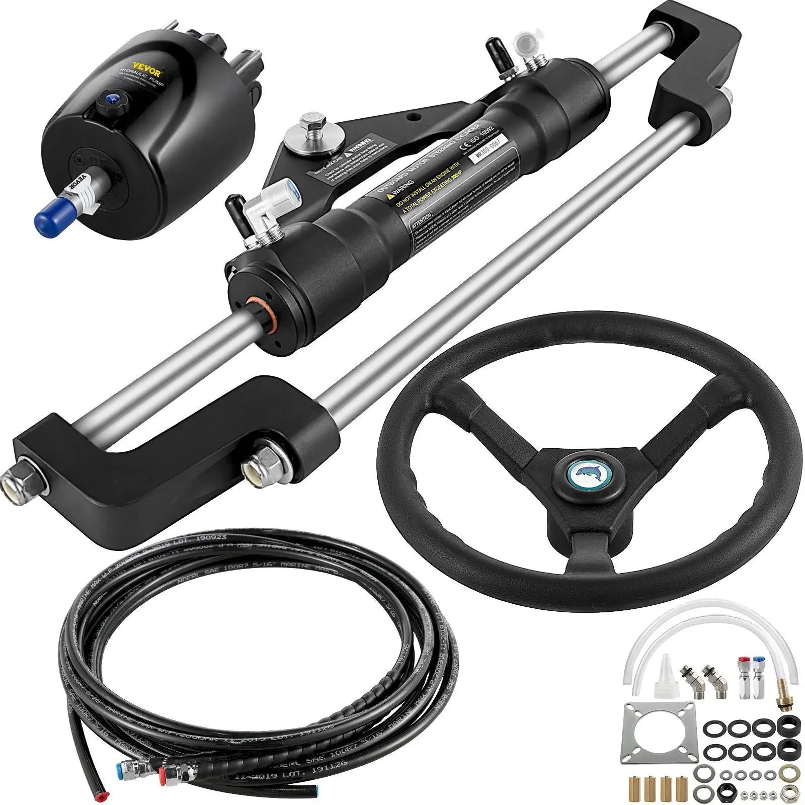 【Summerfinds】VEVOR Hydraulic Boat Steering Kit,  300HP Hydraulic Steering Kit Helm Pump, Cylinder, Wheel, 24 Feet Hose Hydraulic Steering Seal Kit, Corrosion-Resistant Boat Steering System Marine Steering Kit
