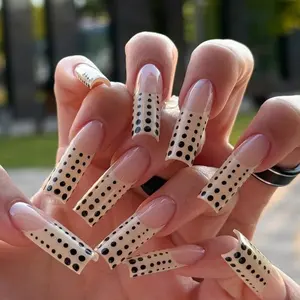 S122 Nailed by Vibe – Black Polka Dot French Press-On Nails, Creamy Nude Base, Retro Y2K Vibes, Chic & Playful Nail Art, Handmade Custom Nails for Everyday Glam,Gift for Her