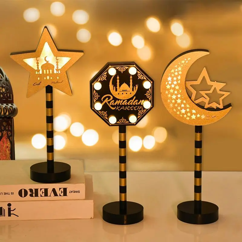 Ramadan Moon Star Lamp Sign Eid Mubarak Wooden Table Ornament 2025 Islamic Muslim Party Home Decoration LED Light Lantern Gifts
