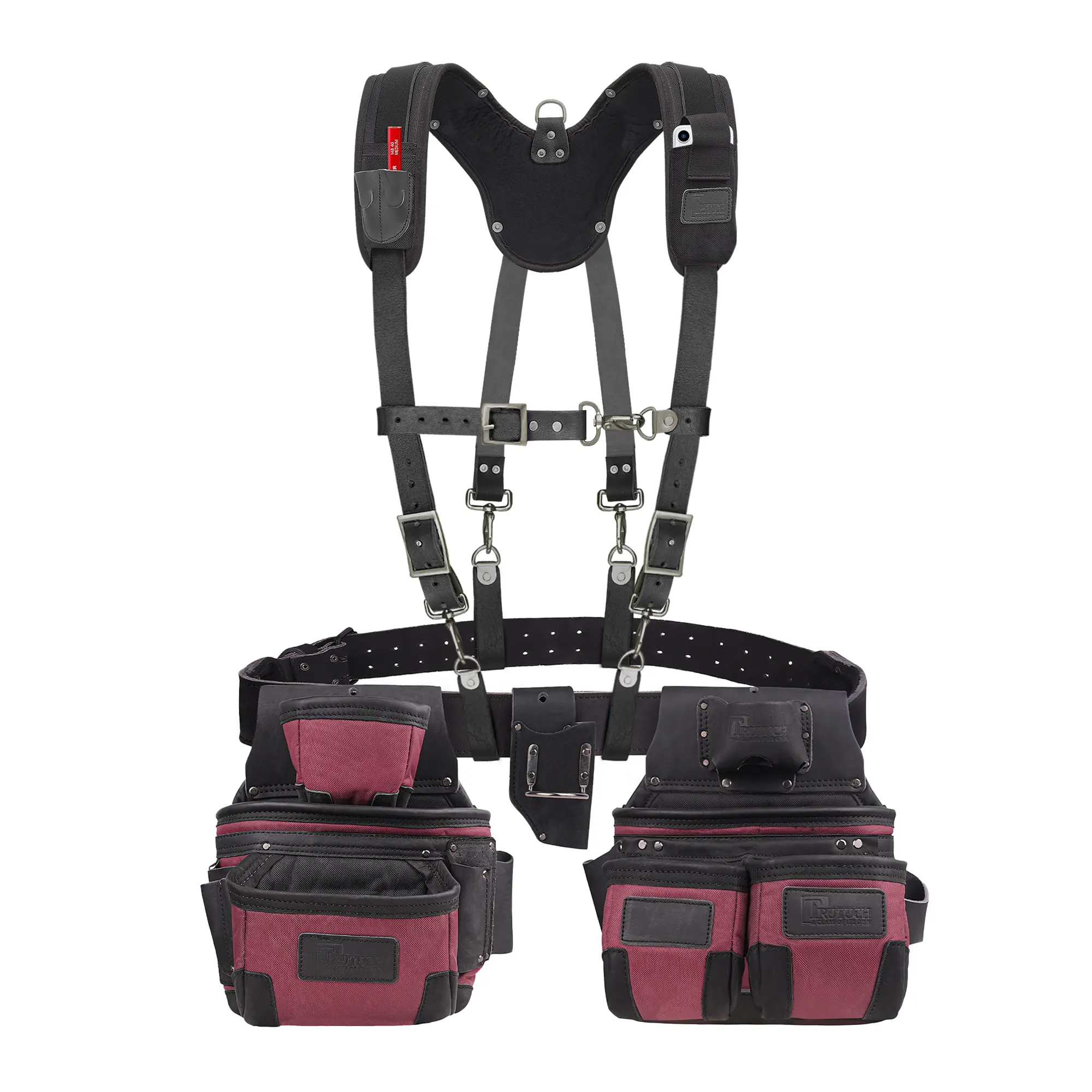 TRUTUCH Maroon Nylon & Leather Tool Belt with Suspender, 22 Pockets, Tool Holders, Padded Suspension for Construction and Electricians