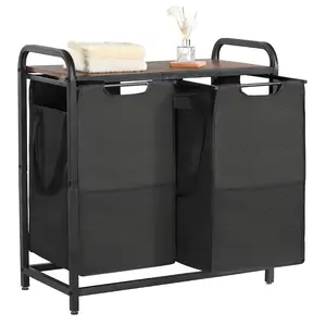 Two-Section Laundry Sorter With Pull-Out Bags, Sturdy Metal Frame And Wooden Tabletop, Easy Assembly, Removable Storage Bags, Space-Saving Laundry Sorting Caddy For Home, Apartment, Utility Room, Closet, Laundry Room Organization