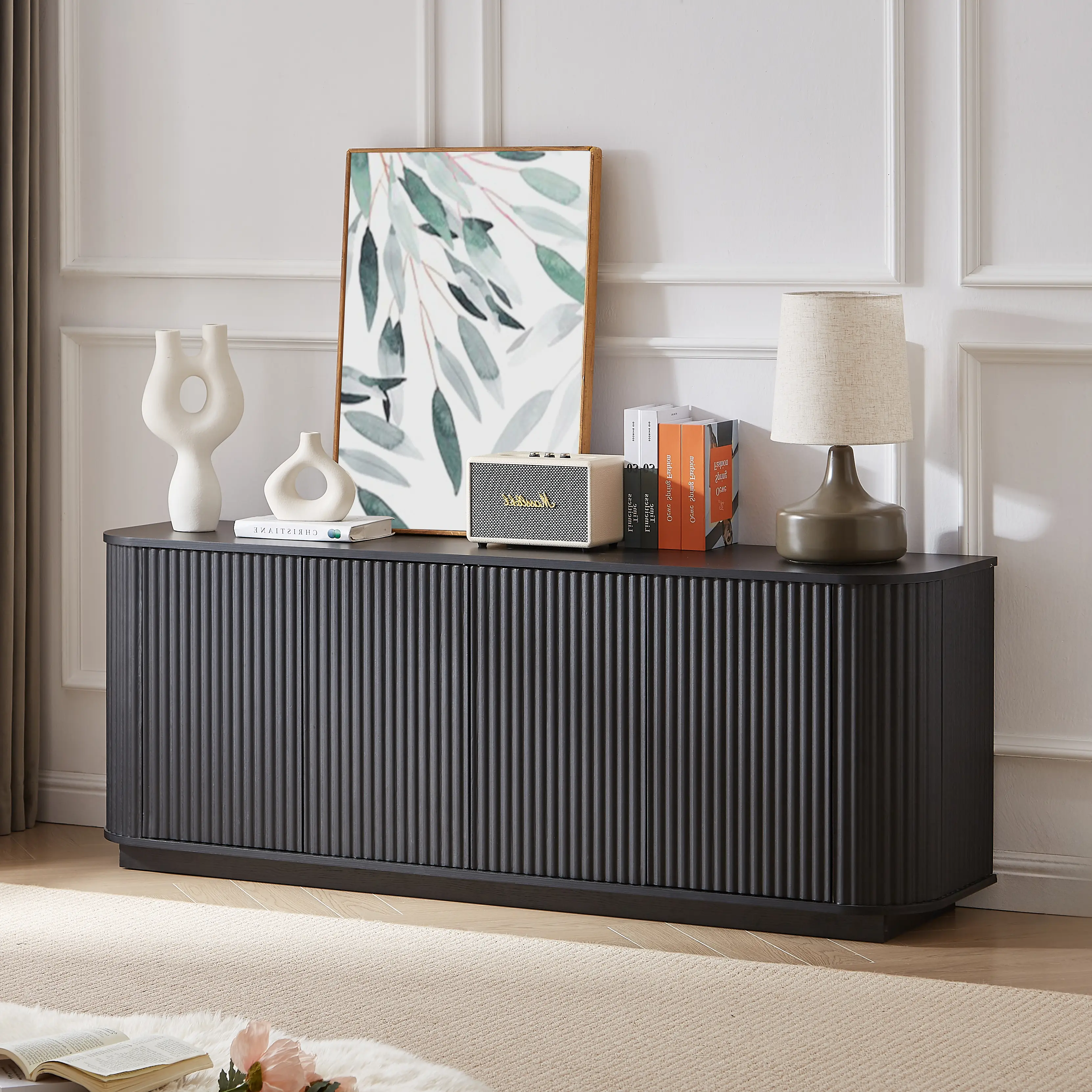 Sideboard Storage Cabinet TV Stand with wave pattern Buffet Cabinet Wooden Vertical Striped Cabinet for Kitchen/Bedroom/Entryway. Black, 64''W x 15''D x 24''H. nightstand tv stand tv stand living room nightstand sets of 2 tv stands nightstands for bedroom