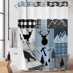 1pc hookless shower curtain with buckle lining, blue, white and gray checkered deer and bear mountain scene design, 2D flat printing, fabric waterproof lining, see-through double-layer shower curtain, 71 x 74 inches, modern home draping curtain.