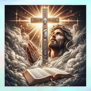 5D DIY Full Drill Round Diamond Painting - Diamond Art Kit Cross, Praying Hands, Bible Mosaic, Canvas - DIY Decorative Painting, Wall Decor, Suitable for Halloween, Christmas, Birthday, and Anniversary Gifts, Handmade Gifts