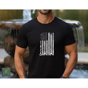 Patriotic Mechanic T-Shirt🔧🇺🇸 USA Made 100% Cotton| Proud American Dad & Grandpa Gift| Heavy Duty Garage Work Shirt for Men