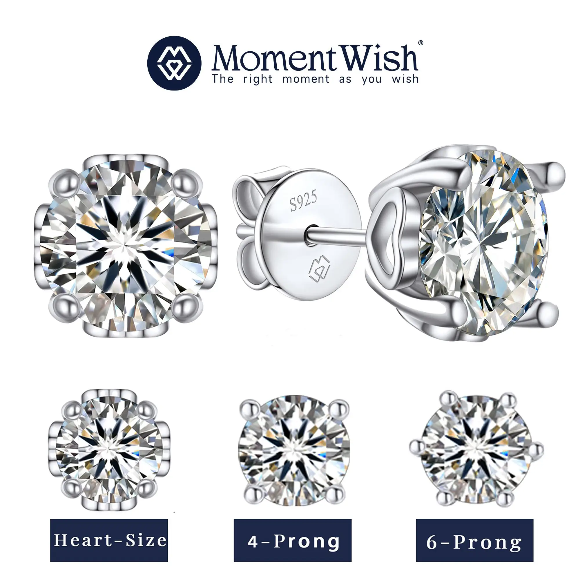 【#72 Classic Stud】MomentWish Synthetic Moissanite Earrings for Women, 0.5-2Carat Heart Surrounding Stud Earrings in 925 Sterling Silver