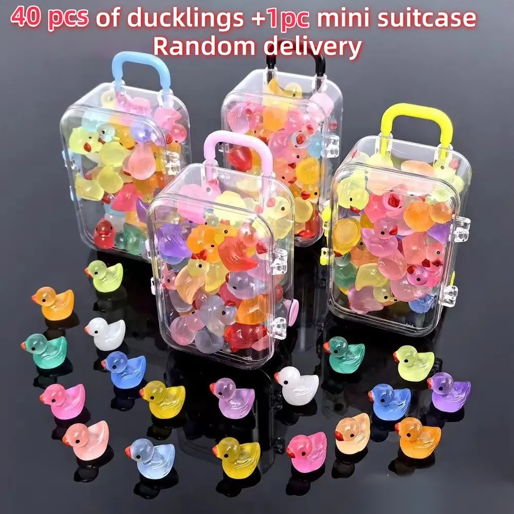 40pcs Mini Ducklings + 1pc Mini Suitcase, Cute Duck Design, Glow-In-The-Dark Decorative Ornaments, Resin Animal Figurines, Creative Home & Office Décor, Holiday Gifts