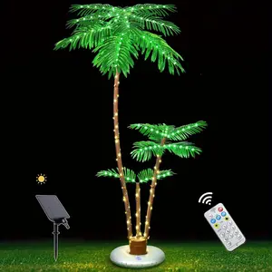 Solar Powered Palm Tree for Outdoor Patio, 6' 3 Trunk Outdoor Christmas Decoration, Lighted LED Artificial Tree Lights, for Bar Home Party Yard Pool Porch Deck Tropical