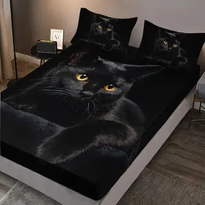[3pcs Black Cat Bedding Set] 3pcs Black Cat Fitted Sheet Set | Soft HD Printing Bedding Set for Home, Dorm, Halloween (1 Fitted Sheet + 2 Pillowcases, No Pillow Insert)