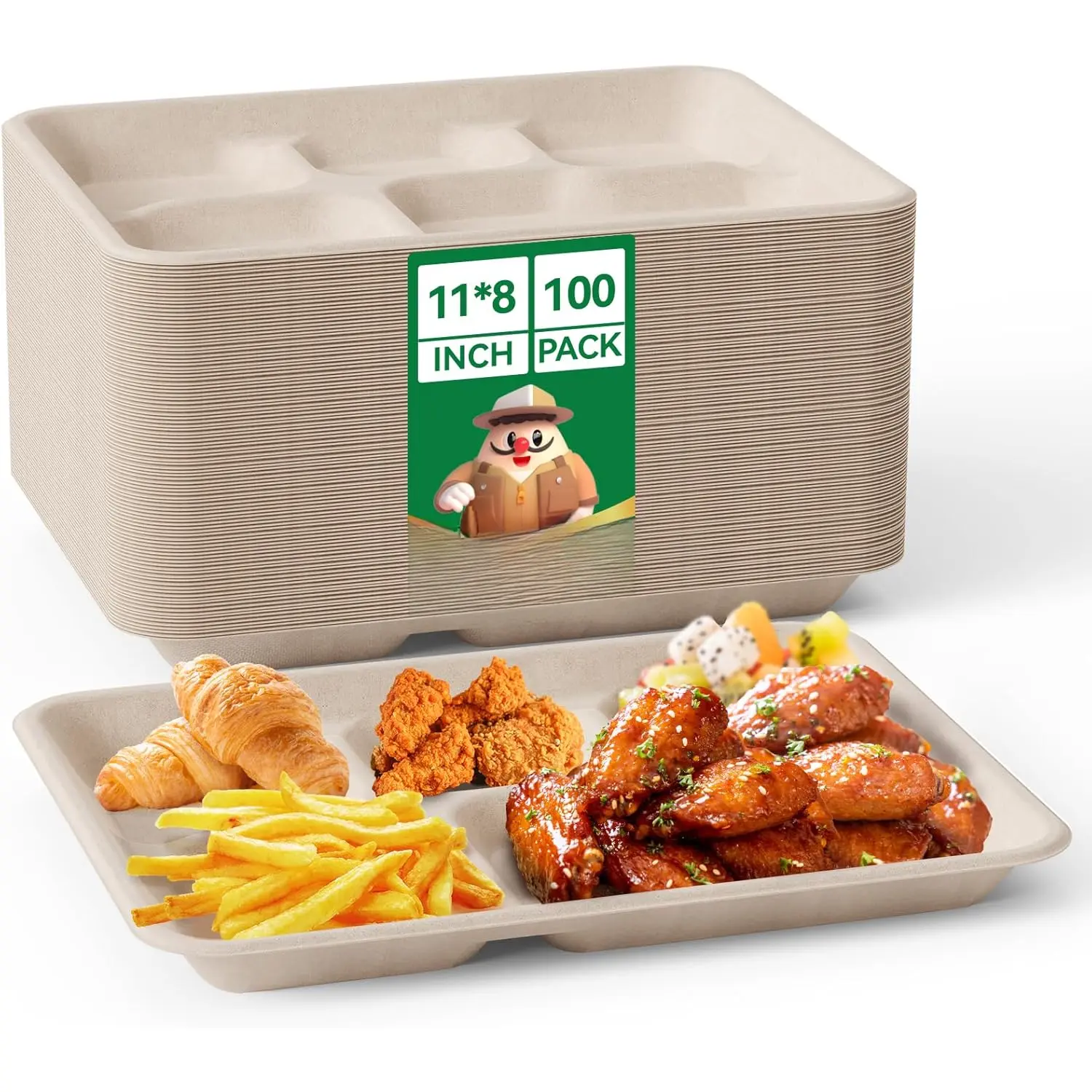 Compostable 5 Compartment Paper Plates 11 * 8 inch [100 Pack] Heavy Duty  Divided Disposable  Biodegradable Containers  Trays for Dinner Lunch Buffet