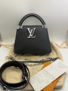 Pre-owned Louis Vuitton new Mini Capucines in black with silver tone hardware, featuring a mother of pearl clasp and paired with a pearl chain. Unused (like new) retail for $8.4K with a 2025 receipt