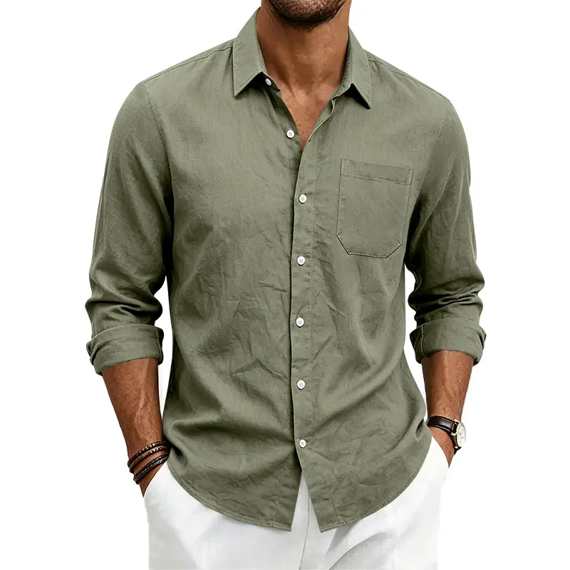 Menswear American Resort-Style Men's White Slim-Fit Long-Sleeve Casual Shirt, Washed Crinkled Texture, Turn-Down Collar, Button Closure, 1-Sided Patch Pocket, Fluid Drape, Roll-Up Sleeves - Ideal for Beach, Commuting