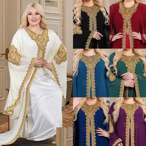 Muslim Middle Eastern Malay Bell Sleeve Embroidered Long Robe with Gold Trim Dress Caftan