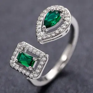 Open Cuff Two Stone Ring, Emerald & Pear Cut Cubic Zirconia Ring, Halo Pave Statement Ring, Silver/Gold/Rose Gold Plated, Adjustable Bypass Ring for Women