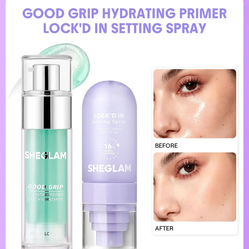 【FREE SHIPPING】SHEGLAM Good Grip Hydrating Primer Lock'd In Setting Spray Long Lasting Dewy Finish Face Makeup 2 Pieces Set