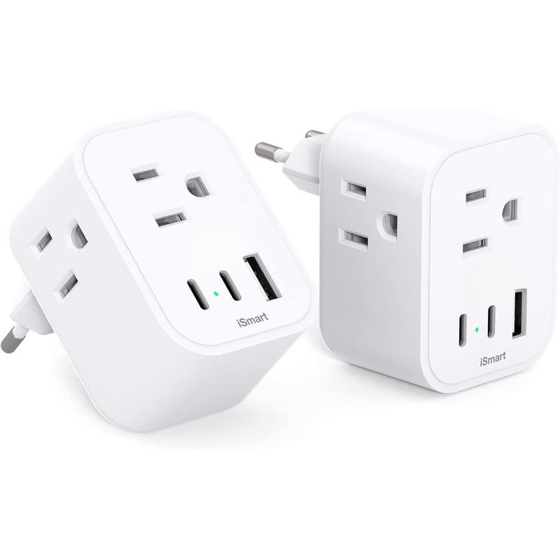 2-Pack European Travel Plug Adapter,  International Power Plug Adapter with 3 Outlets 3 USB Ports(2 USB C), Type C Plug Adapter Travel Essentials to   Spain  France