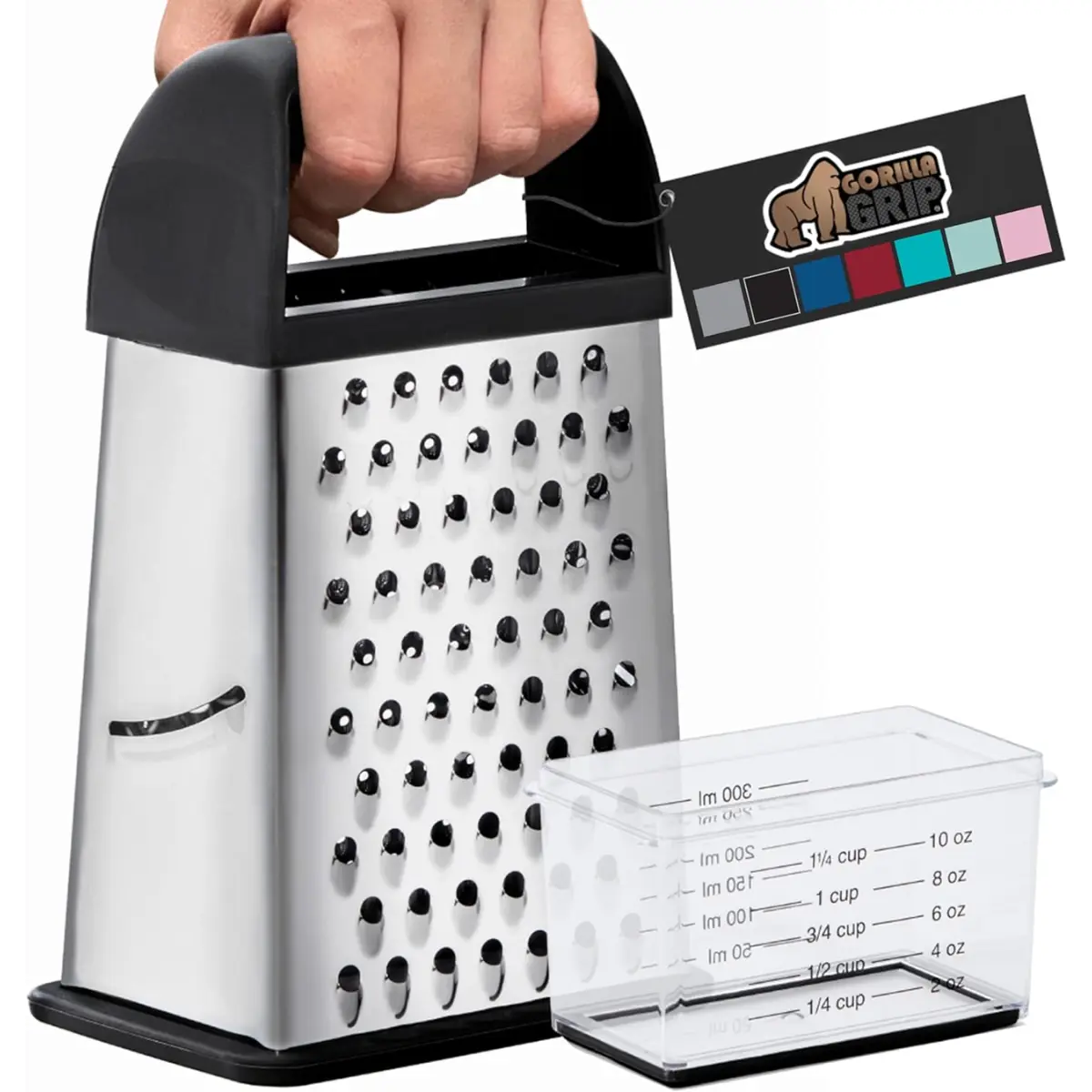 Professional 100% BPA Free 4-Sided Cheese Slicer Grater, Stainless Steel XL Box Graters with Ergonomic Handle, Ginger Carrot Parmesan Shredder, Dishwasher Safe, Include Container, Black