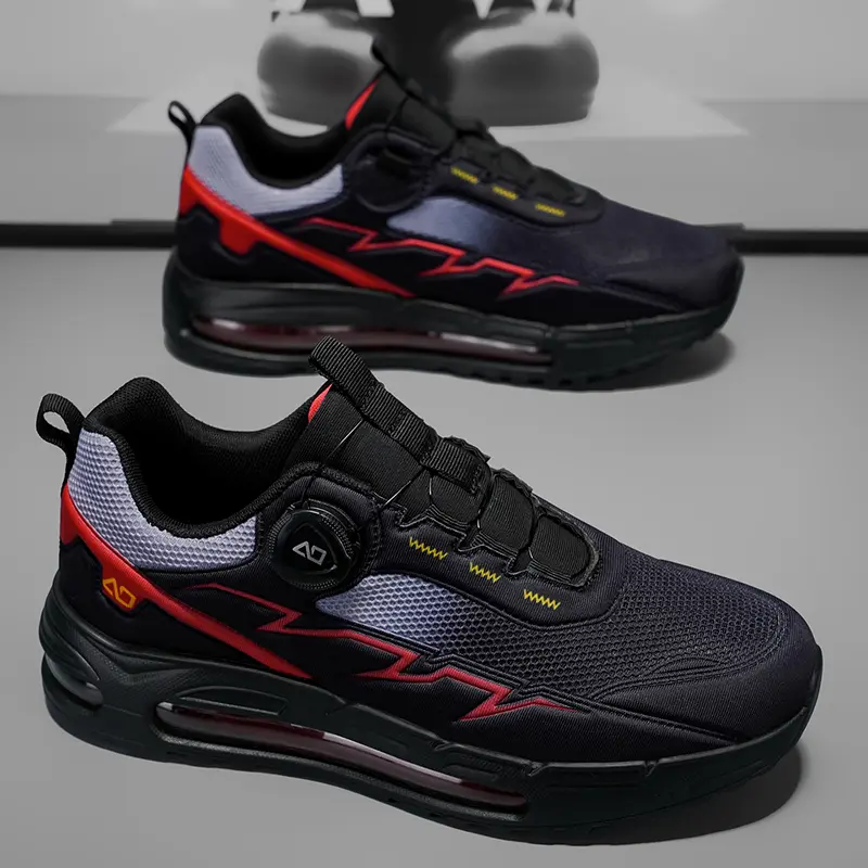 Men's Techwear Style Athletic Sneakers Black Red with BOA Dial Lacing System Chunky Air Cushion Sole Breathable Mesh Running Shoes Lightweight Comfort Footwear for Men Trendy Streetwear Shoes