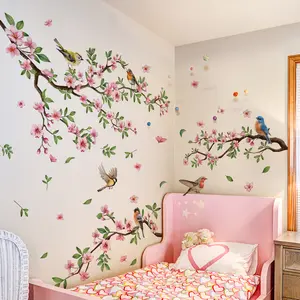 A set of 2 pieces (30*90cm*2pcs) tree branch, flower, fallen leaf and bird wall stickers, suitable for living room, bedroom and home background decoration, self-adhesive, MS7313-YK, Wall Art Stickers, Decorative Wall Sticker