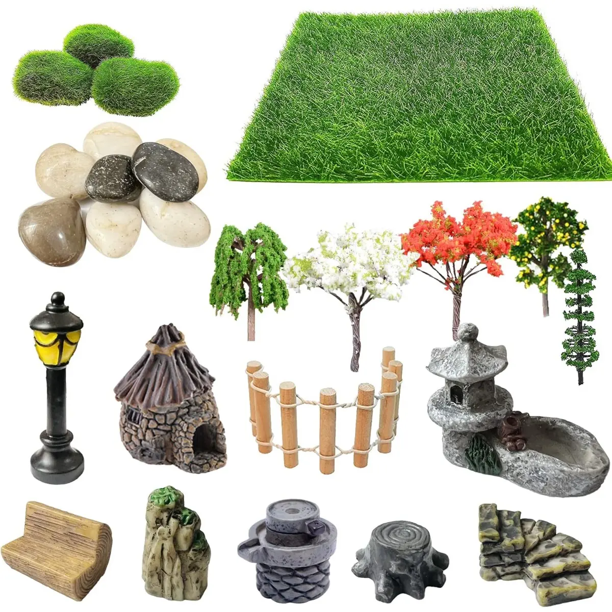 26 PCS Outdoor Fairy Garden Miniatures Mini Zen Garden Accessories, Artificial Grass, Model Trees, Terrarium Ornaments, Dollhouse Supplies, Bonsai Decorative Craft Tools Kit