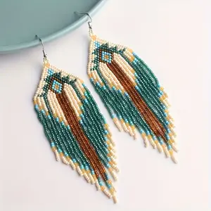 Bohemian tree-patterned white and green rough-bead long tassel earrings - unique ethnic style - suitable for women - perfect for festivals and parties - an excellent gift for bohemian lovers