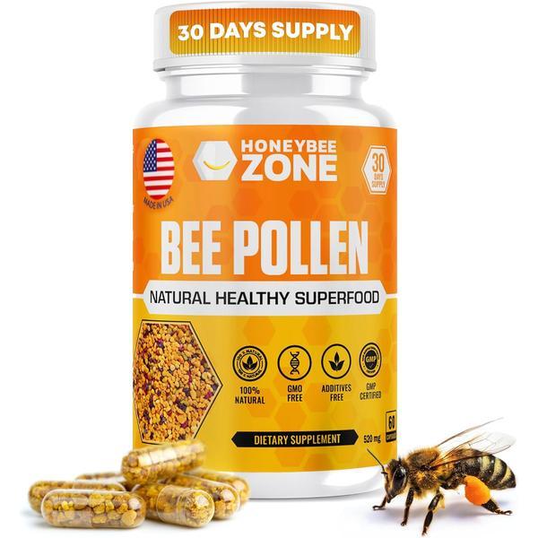 HoneybeeZone Raw Bee Pollen Capsules, B-Complex Rich Superfood for Energy, Metabolism & Immune Support, 60 Veggie Capsules
