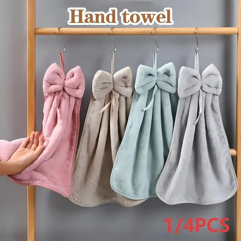 1/4 Pcs Hanging Hand Towels, Soft and Cozy Coral Fleece with Bowknot Loops, High Water Absorption & Quick-Drying, Perfect for Bathroom Decoration, Adds a Sweet Touch to Your Bath Space, Practical, Stylish, Functional for Daily Use