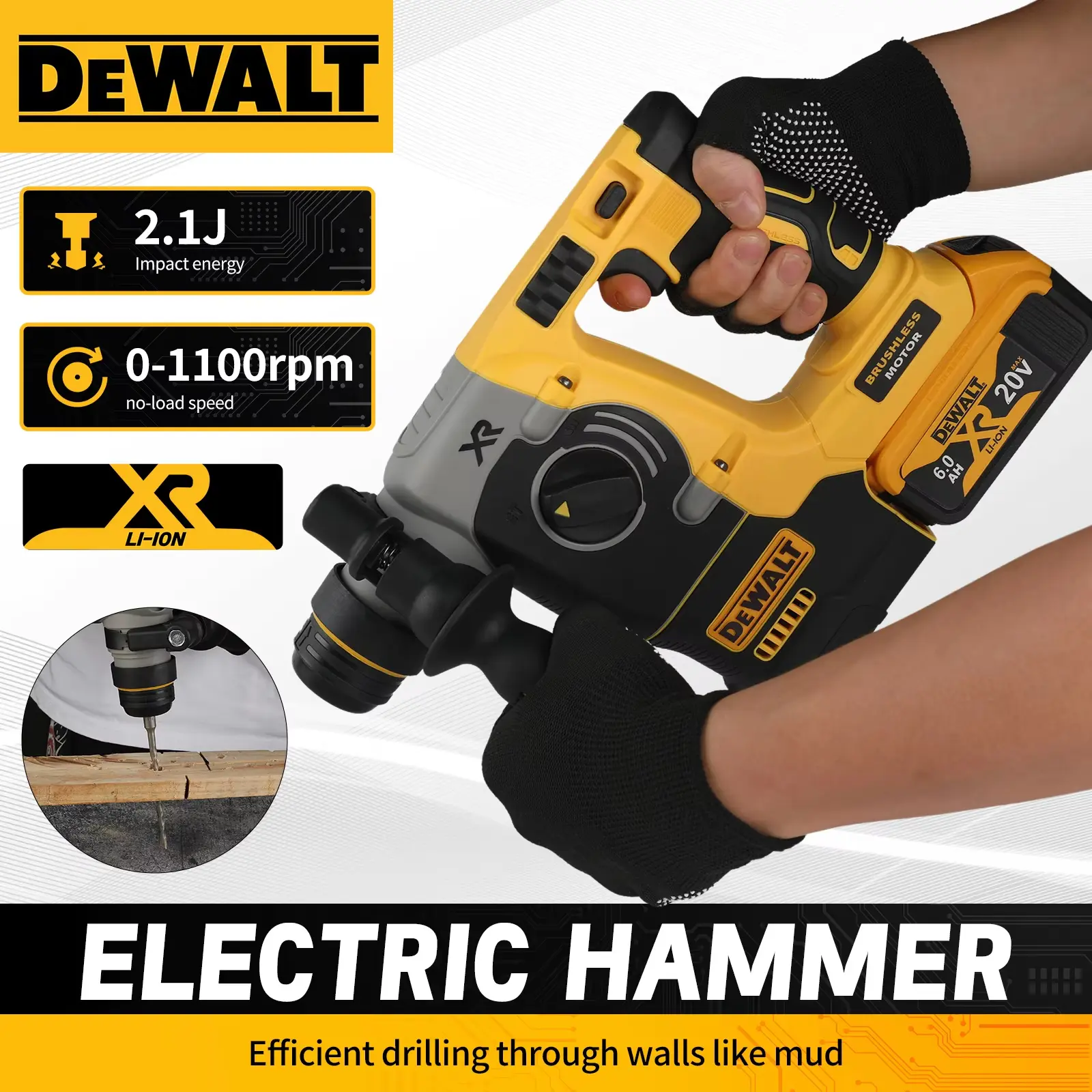 DEWALT DCH273 20V 6.0Ah Brushless SDS-Plus Rotary Hammer 2.1J 360° Handle Stepless Speed for Concrete Drilling tool design compact Bit