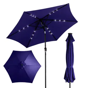 9ft Solar LED Patio Umbrella with Push Button Tilt & Crank, 6 Ribs Waterproof Polyester Outdoor Market Table Umbrella for Garden Backyard Pool, Navy Blue shelter sunshade portable