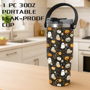 1 Pc 30 Oz Halloween Pumpkin Ghost Vacuum Tumbler with Handle, 2-in-1 Flip Lid, Leak-Proof, Double-Wall Insulated, Easy Carrying, Cute and Spooky Style, Keeps Hot 12H/ Cold 24H, Holiday Gift for Women, Friends, Teachers, Use At Home, Office or Car.