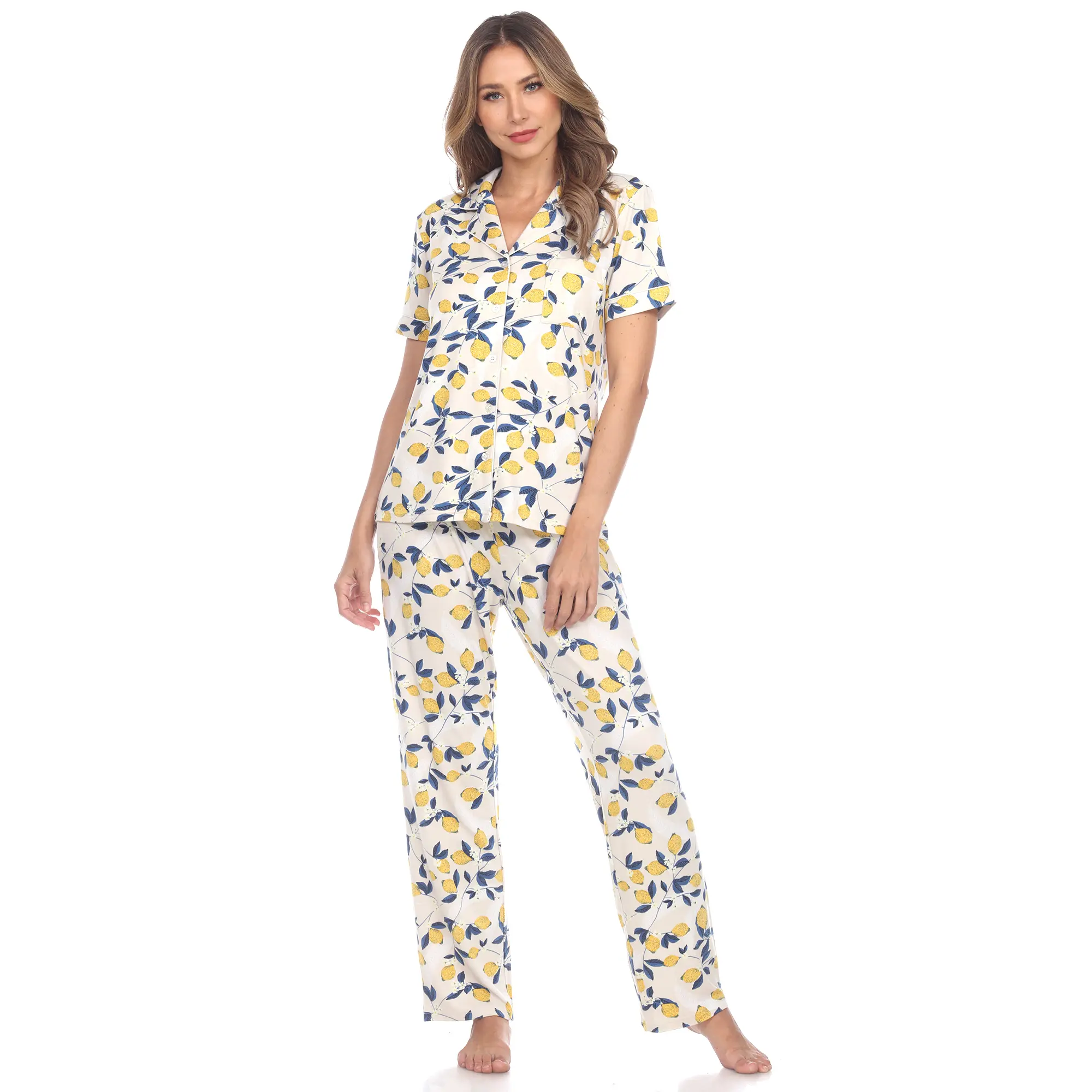 White Mark Women's Floral Lemon Pajama Set Extended Sizes Loungewear Nightwear