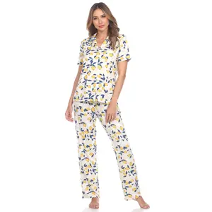 White Mark Women's Floral Lemon Pajama Set Extended Sizes Loungewear Nightwear