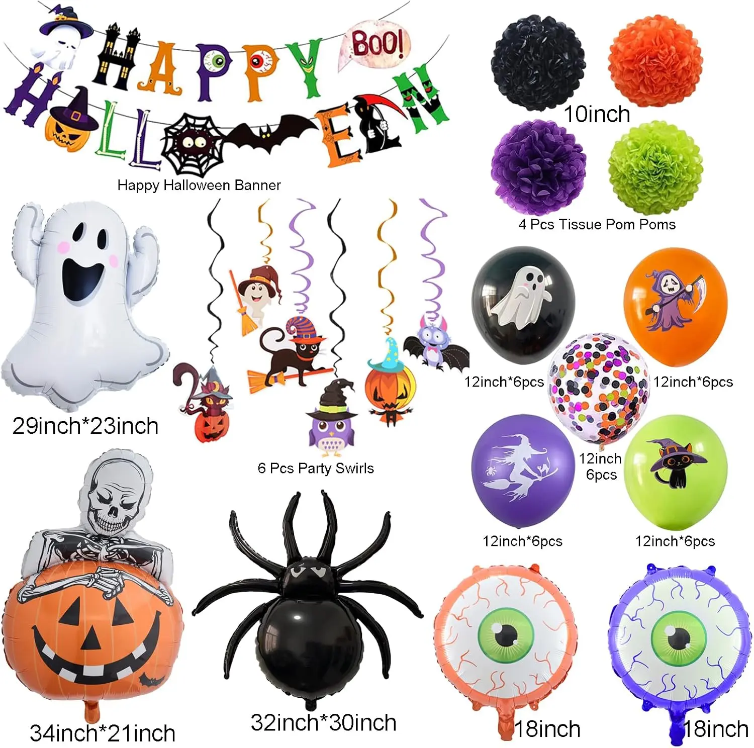 Halloween Party Decorations Kit | Balloon Arch, Happy Halloween Banner, Ghost & Spider Balloons, Hanging Swirls, Garland, Halloween Birthday Party Supplies
